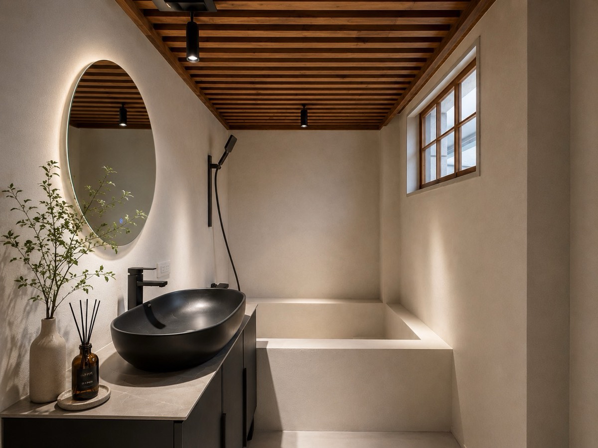 A bathroom with a soaking tub