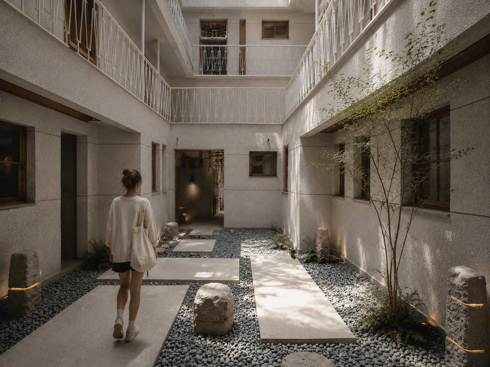A sunlit Japandi atrium lounge at TING STATES, Gongguan, Taipei